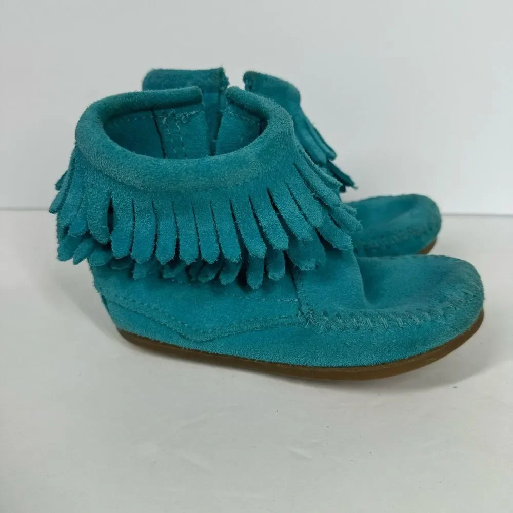 Minnetonka Baby Girl Double Fringe Suede Leather Zip Up Moccasins Booties Teal 8